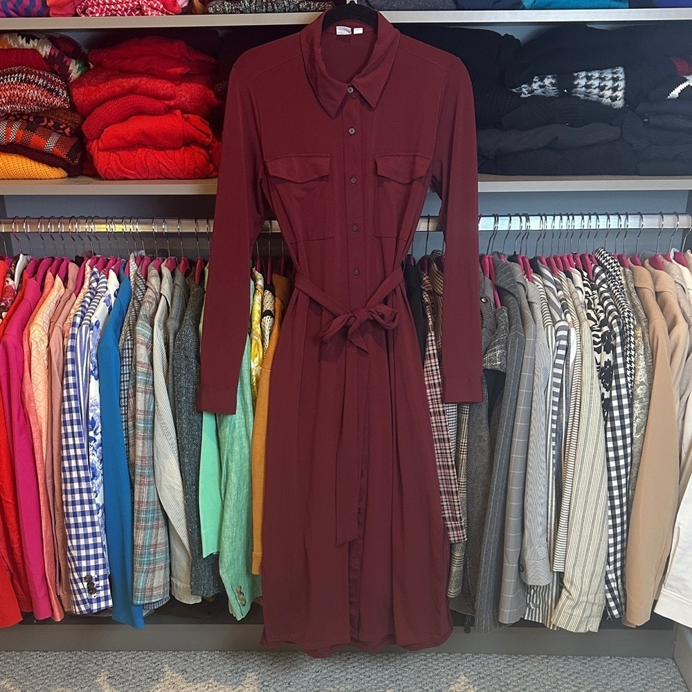 GAP burgundy long sleeve button down belted stretchy midi dress size S